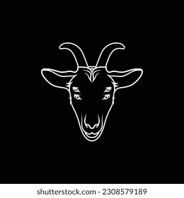 Evil goat head with 4 eyes. Tattoo art design. vector illustration. White line on black Background