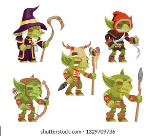 Evil goblins pack dungeon dark wood tribe monster minion army fantasy medieval action game RPG characters isolated icons set vector illustration