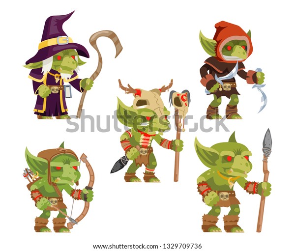 Evil goblins pack dungeon dark wood tribe\
monster minion army fantasy medieval action game RPG characters\
isolated icons set vector\
illustration