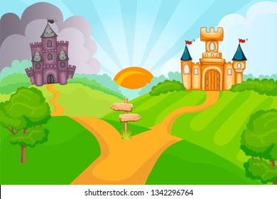 Evil and good fairytale castles on the green hills. Storm and blue clouds behind the castles. Road sign points the way to evil and good.