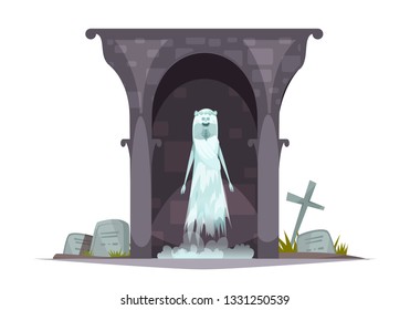 Evil graveyard specter cartoon character composition with scary ghost appearance in grim haunted cemetery tomb vector illustration