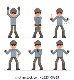 Evil greedily housebreaker thief cartoon rogue bulgar captured character flat design set isolated vector illustration