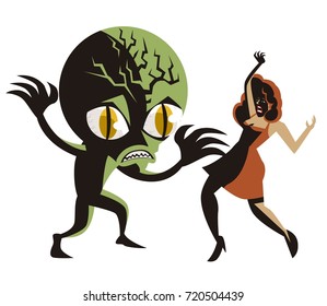 evil green alien monster and scared woman