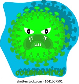 evil green bacterium coronavirus with eyes, mouth and sharp fangs . Dangerous epidemic illustration. Colorful disease icon 2019nCov. Asian flu concept. 