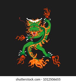 The evil green dragon spouts fireballs: huge claws, sharp teeth, red eyes, long tongue, mustache, large nostrils.