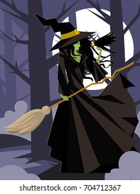 evil green witch with raven bird and broom in the forest