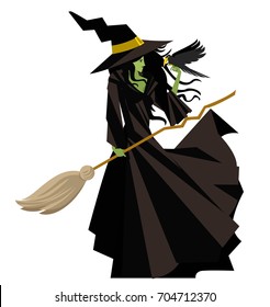 evil green witch with raven bird and broom