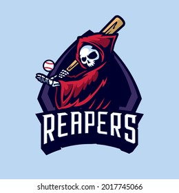 Evil Grim Reaper Skeleton with Baseball Ball and Bat Mascot Logo Badge Emblem Illustration in Red Cloak. Perfect for Team, club, tournament, league, or esport.