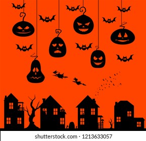 Evil Halloween night comes to city, houses with scary creatures vampires, witches, zombies and werewolfs and bats flying around vector illustration
