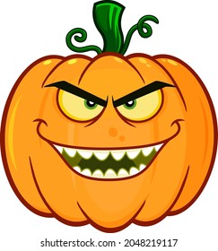 Evil Halloween Pumpkin Cartoon Emoji Face Character With Angry Expression. Vector Hand Drawn Illustration Isolated On White Background