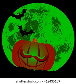 Evil Halloween pumpkin scene with full moon and bats.