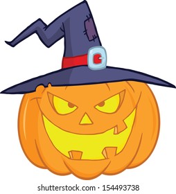 Evil Halloween Pumpkin With A Witch Hat Cartoon Illustration