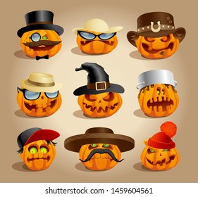 Evil halloween pumpkins set, cartoon personages, crazy pumpkin symbols set, different hats