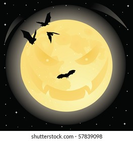 Evil halloween smiling face on the moon in the night sky full of stars with flying bats. I deleted the previous image because I wanted to do some changes with it.