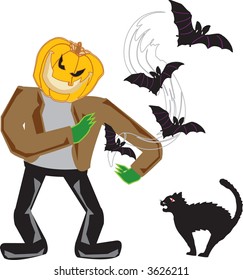 Evil Halloween Spirit works his ugly magic with bats in this vector illustration