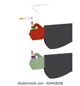 Evil hand with lighter and cigarette with smoke