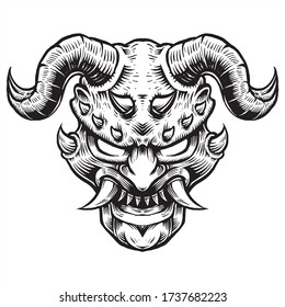 evil head monster with horns engraved line art black and white illustration artwork