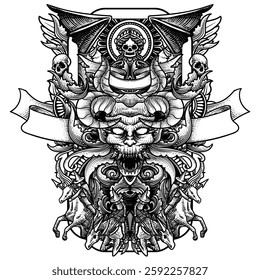 evil head with ornate frame. T-shirt design. Vector illustration