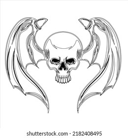 evil head skull with the iron horns and golden bat wings of illustration. Scary skull head Sugar skull  coloring book page.horror skull 