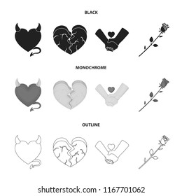 Evil heart, broken heart, friendship, rose. Romantic set collection icons in black,monochrome,outline style vector symbol stock illustration web.