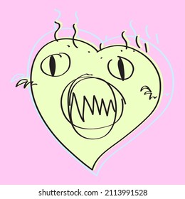 Evil heart monster vampire werewolf with teeth fangs and paws. Heart eater, heartbreaker, not love, disappointment, feelings, broken heart. Valentine's Day. Date. Pink background, yellow lemon heart.