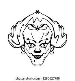 Evil horrible clown art. Halloween mask illustration. Clipart, editable details. Unique print for posters, cards, mugs, clothes and other. Coloring page