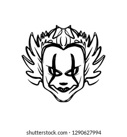 Evil horrible clown art. Halloween mask illustration. Clipart, editable details. Unique print for posters, cards, mugs, clothes and other. Coloring page