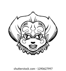 Evil horrible clown art. Halloween mask illustration. Clipart, editable details. Unique print for posters, cards, mugs, clothes and other. Coloring page