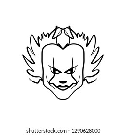 Evil horrible clown art. Halloween mask illustration. Clipart, editable details. Unique print for posters, cards, mugs, clothes and other. Coloring page