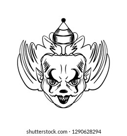Evil horrible clown art. Halloween mask illustration. Clipart, editable details. Unique print for posters, cards, mugs, clothes and other. Coloring page