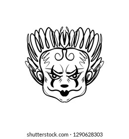 Evil horrible clown art. Halloween mask illustration. Clipart, editable details. Unique print for posters, cards, mugs, clothes and other. Coloring page