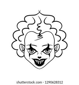 Evil horrible clown art. Halloween mask illustration. Clipart, editable details. Unique print for posters, cards, mugs, clothes and other. Coloring page