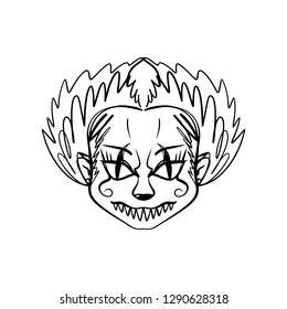 Evil horrible clown art. Halloween mask illustration. Clipart, editable details. Unique print for posters, cards, mugs, clothes and other. Coloring page