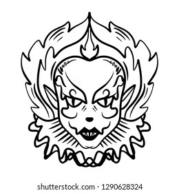 Evil horrible clown art. Halloween mask illustration. Clipart, editable details. Unique print for posters, cards, mugs, clothes and other. Coloring page