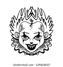Evil horrible clown art. Halloween mask illustration. Clipart, editable details. Unique print for posters, cards, mugs, clothes and other. Coloring page