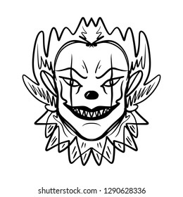 Evil horrible clown art. Halloween mask illustration. Clipart, editable details. Unique print for posters, cards, mugs, clothes and other. Coloring page