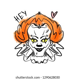 Evil horrible redhead clown art. Halloween mask illustration. Clipart, editable details. Unique print for posters, cards, mugs, clothes and other
