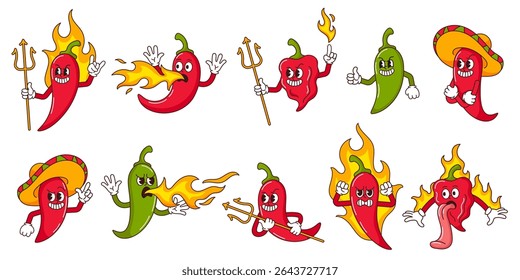 Evil hot pepper characters. Burning hot sauce mascots, flaming peppers, devil chili and Mexican villain. Fire breathing red dragon, spicy scorpion and tabasco retro 1930s vector set.