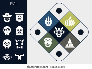 evil icon set. 13 filled evil icons. Included Hannya, Vampire, Skull, Yorick, Devil, Balaclava, Jolly roger, Pumpkin, Hamsa, Dracula, Witch icons