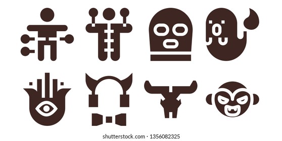 evil icon set. 8 filled evil icons.  Collection Of - Hamsa, Voodoo doll, Devil, Skull, Balaclava, Vampire, Ghost