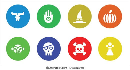 evil icon set. 8 filled evil icons.  Collection Of - Skull, Vampire, Hamsa, Witch, Pumpkin, Poison