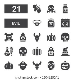 evil icon set. Collection of 21 filled evil icons included Pumpkin, Skull, Bull skull, Serial killer, Witch hat, Poison, Halloween, Eyepatch, Voodoo