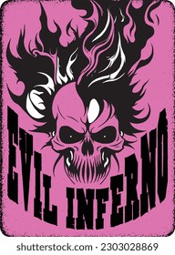 Evil Inferno, gang, vintage poster, retro, t shirt, print, blazing, firing, black and pink colors, art, music, hell, old west, gangster, skull, skull gang, creepy