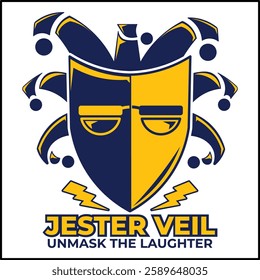 evil jester logo illustration vector design with clown mask in yellow and blue colors. suitable for logos, icons, posters, advertisements, banners, companies, t-shirt designs, stickers, websites.