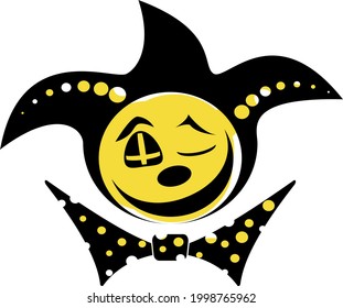 Evil Jester Logo. Yellow Black Cartoon Image Of A Smiling Jester In A Cap And Bow Tie. Vector 