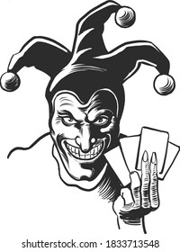 Evil Jester With Playing Cards. Black And White Drawing