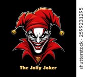 Evil jester with a sinister grin, wearing a red hat with bells. The Jolly Joker, dark and gothic style vector illustration	