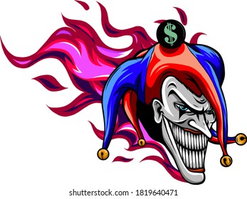 evil joker with flames vector illustration art