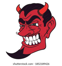 evil laughing devil head with red horns and beard.