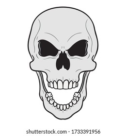 evil laughing skull with angry eyes. gray, black, vector comic, drawing.